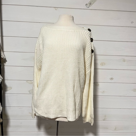 Time and Tru Cream Off-the-Shoulder Sweater with Button Accents - Picture 1 of 6